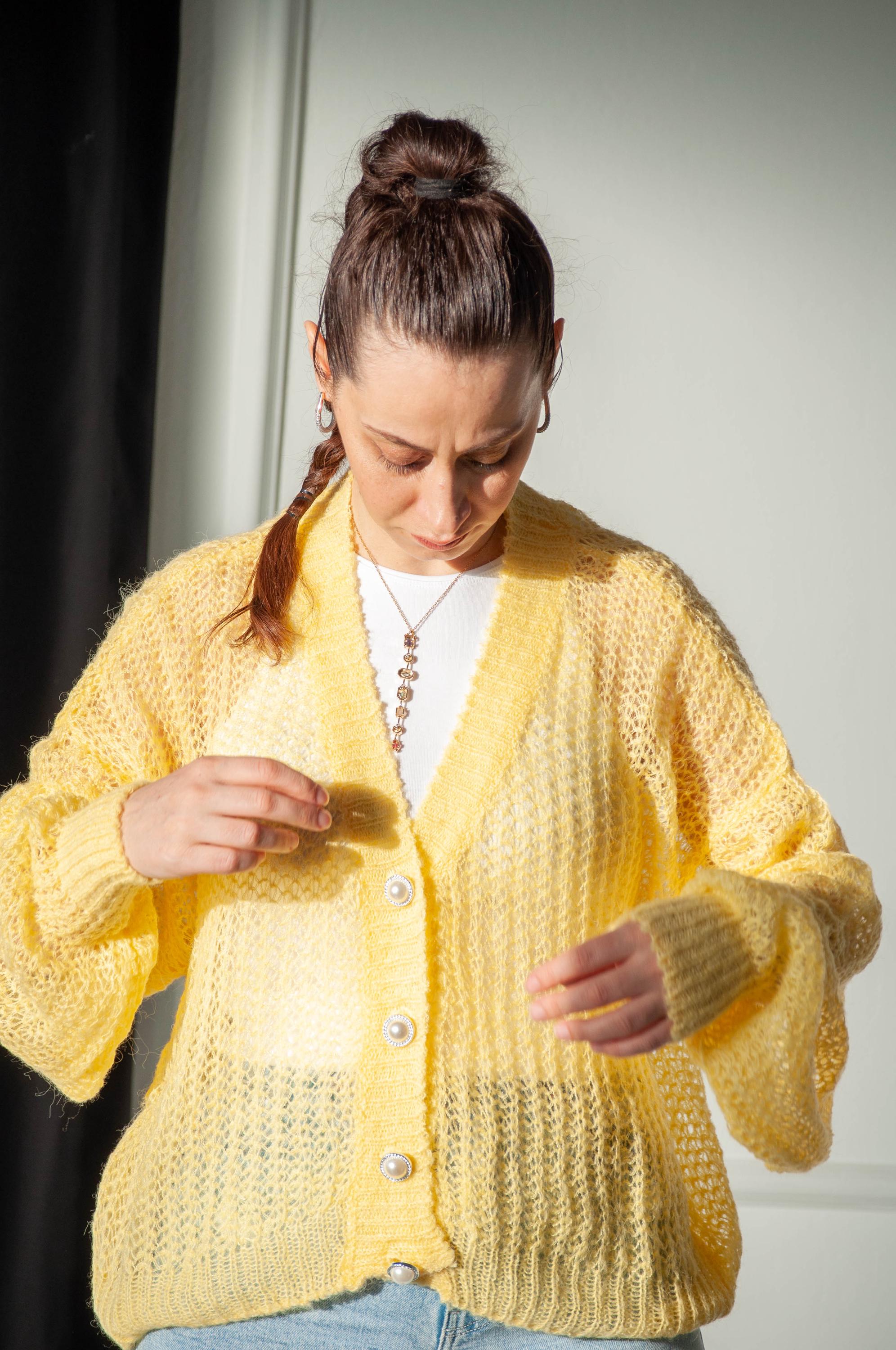 Hand Knit Mohair Cardigan – Yellow Fluffy Sweater With Pearl