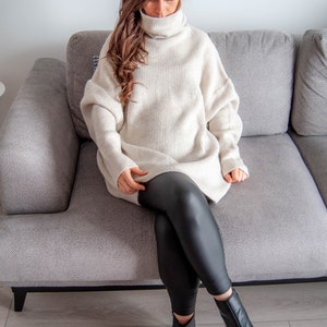 Beige Alpaca Wool Turtleneck Slouchy Oversize Sweater / Cream Organic Long Sleeve Oversize Pullover image 6