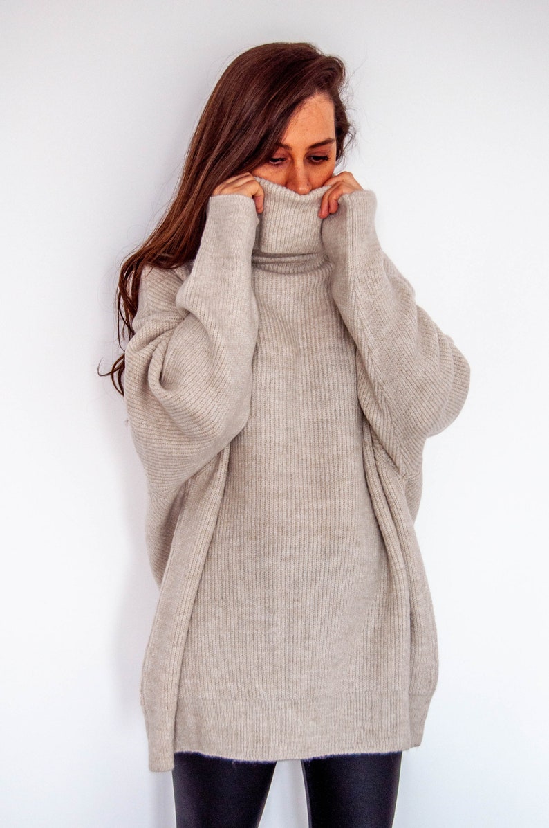 Beige Alpaca Wool Turtleneck Slouchy Oversize Sweater / Cream Organic Long Sleeve Oversize Pullover image 2