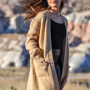 Handknit Organic Cashmere Wool Cardigan: Beige Slouchy Open Front