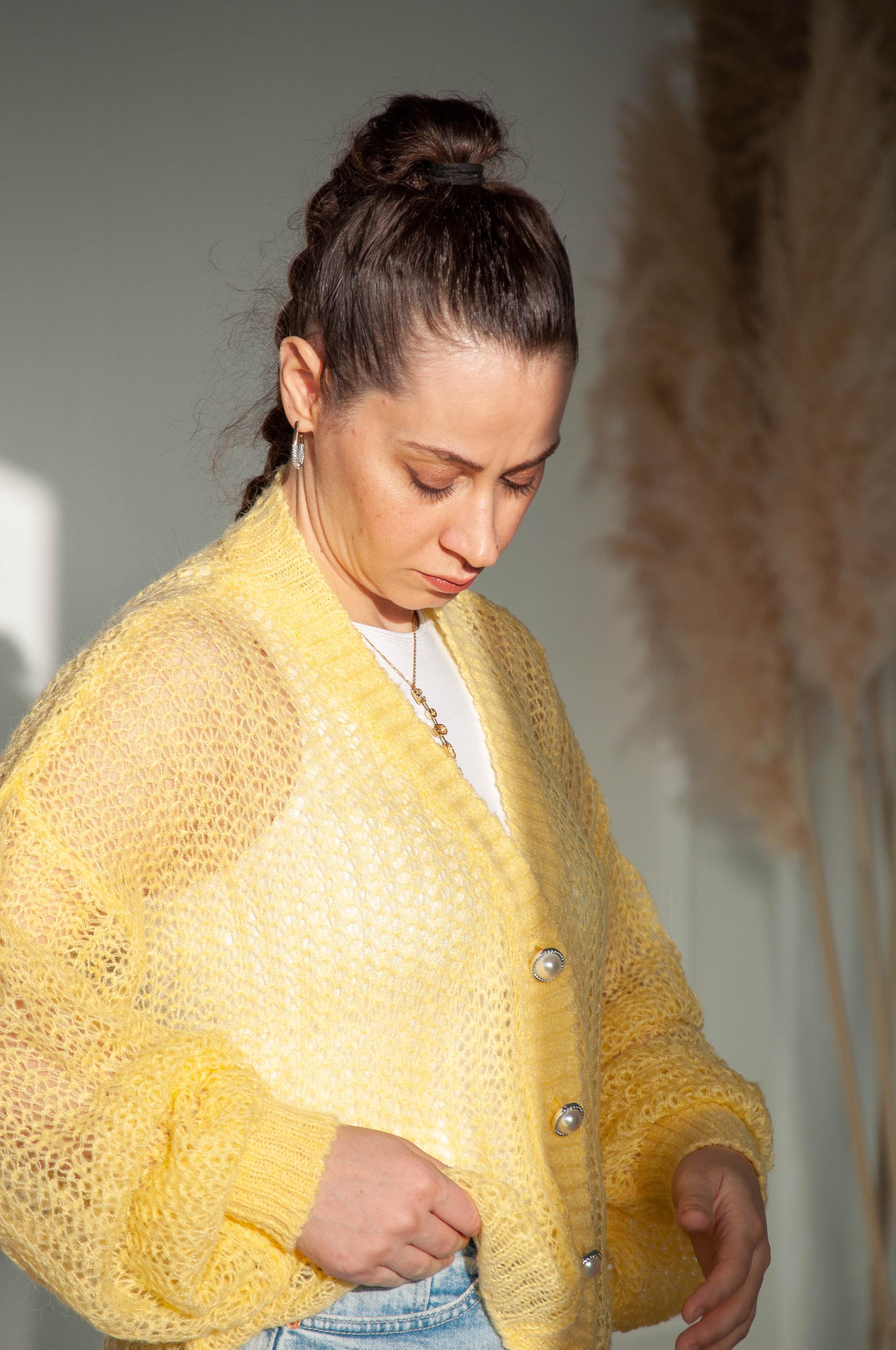 Hand Knit Mohair Cardigan – Yellow Fluffy Sweater With Pearl