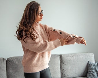 Alpaca Wool Sweater, Mockneck Knitted Sweater, Powder Color Pullover, Pink Buttoned Sleeve Jumper