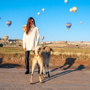 K&ouml;nnte beinhalten: Eine Frau in einem wei&szlig;en Pullover und schwarzen Leggings geht mit einem braunen und wei&szlig;en Hund auf einem Feld mit Hei&szlig;luftballons am Himmel spazieren.