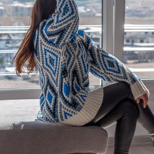 Argyle Blue Sweater / Long Sleeve Oversized Sweater / Long Slouchy Pullover Sweater image 4