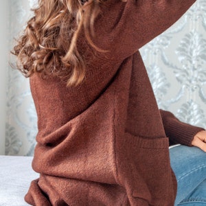 Cashmere Wool Cardigan / Dark Brown Long Organic Sweater with Pockets image 8