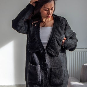 Cashmere Wool Cardigan: Black Organic Knit Sweater with Pockets