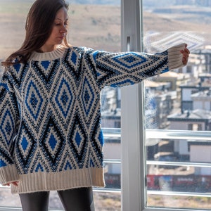 Argyle Blue Sweater / Long Sleeve Oversized Sweater / Long Slouchy Pullover Sweater image 2