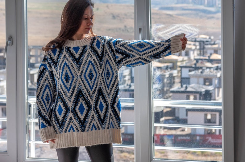 Argyle Blue Sweater / Long Sleeve Oversized Sweater / Long Slouchy Pullover Sweater image 2