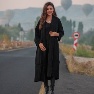 Cashmere Wool Long Sleeve Soft Sweater / Black Wide Sleeve Long Cardigan image 3