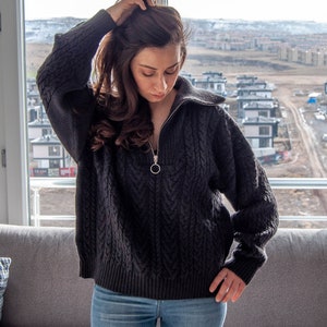 Merino Wool Soft Cable Knit Sweater with Zipper/ Long Sleeve Anthracite Jumper