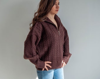 Merino Wool Soft Cable Knit Sweater with Zipper/ Long Sleeve Brown Jumper