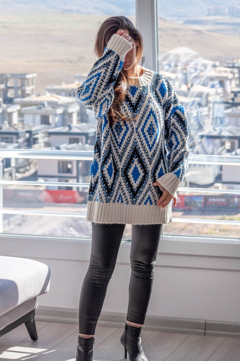 Argyle Blue Sweater / Long Sleeve Oversized Sweater / Long Slouchy Pullover Sweater image 1