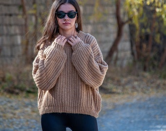 Oversize Sweater Pullover Knitted with Cotton / Slouchy Organic Vegan Hand Knit Tan Sweater