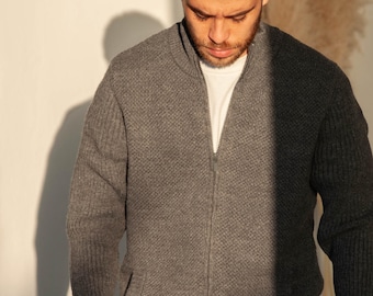 Hand Knit Merino Wool Zip Cardigan - Men's Gray Knitwear