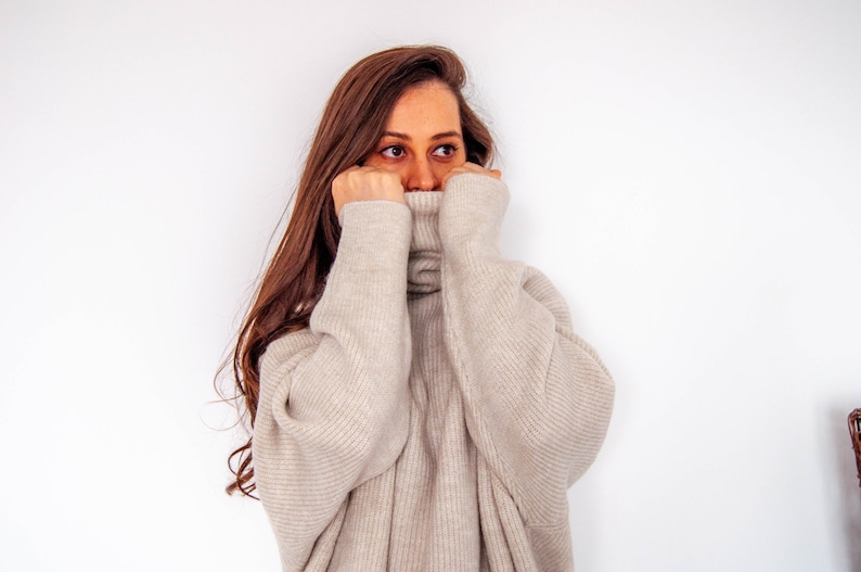 Beige Alpaca Wool Turtleneck Slouchy Oversize Sweater / Cream Organic Long Sleeve Oversize Pullover image 3