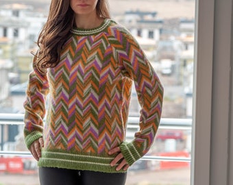 Merino Wool Multi Color Sweater / Hand Knit Long Sleeve Colorful Sweater