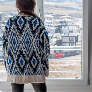 Argyle Blue Sweater / Long Sleeve Oversized Sweater / Long Slouchy Pullover Sweater image 7