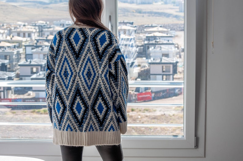 Argyle Blue Sweater / Long Sleeve Oversized Sweater / Long Slouchy Pullover Sweater image 7