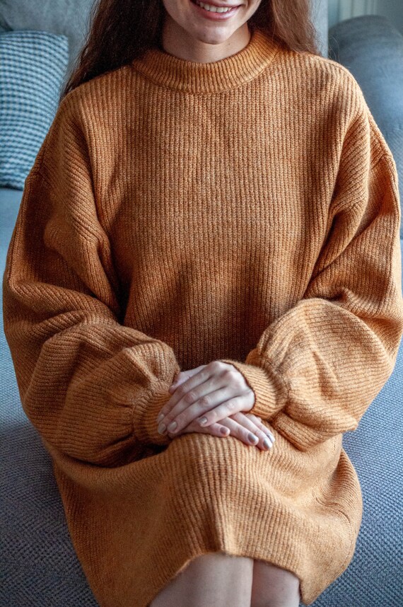 Merino Wool Balloon Sleeve Midi Dress / Tan Color Mock Neck Sweaterdress /  Above the Knee Sweater - Etsy