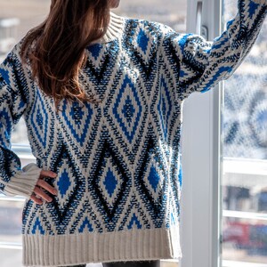 Argyle Blue Sweater / Long Sleeve Oversized Sweater / Long Slouchy Pullover Sweater image 10