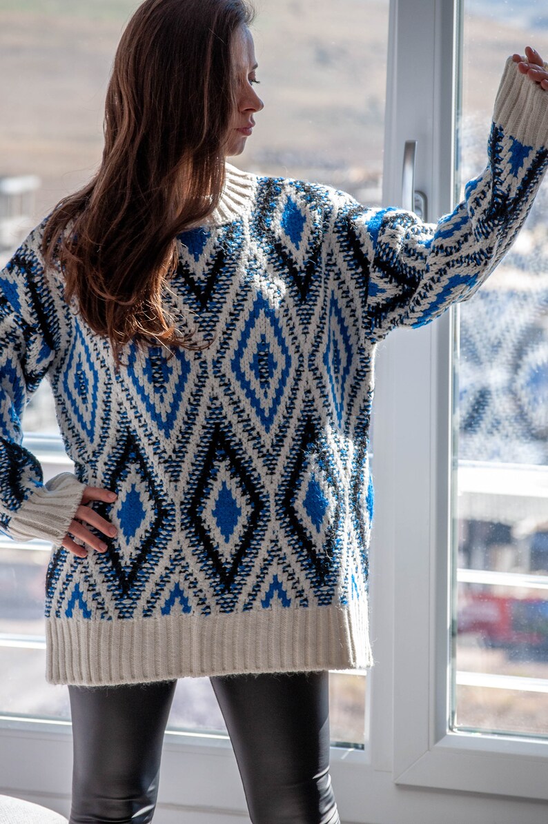 Argyle Blue Sweater / Long Sleeve Oversized Sweater / Long Slouchy Pullover Sweater image 10
