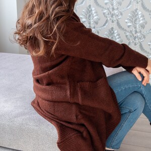 Cashmere Wool Cardigan / Dark Brown Long Organic Sweater with Pockets image 7