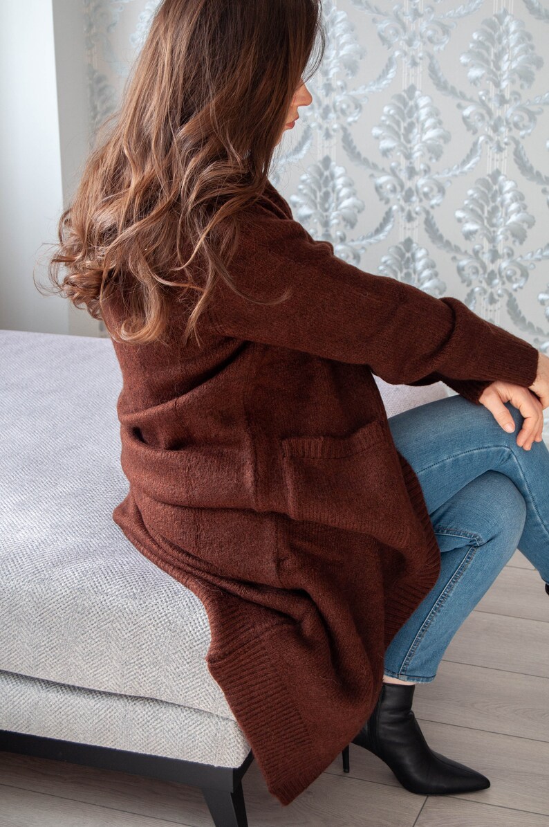 Cashmere Wool Cardigan / Dark Brown Long Organic Sweater with Pockets image 7
