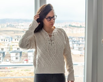 White Lace up Sweater / Cotton Soft Cable Knit V Neck Sweater / Long Sleeve Jumper