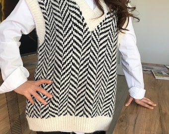 Zebra Sweater Vest Cotton Black White Organic Long Sleeveless V Neck Knitwear