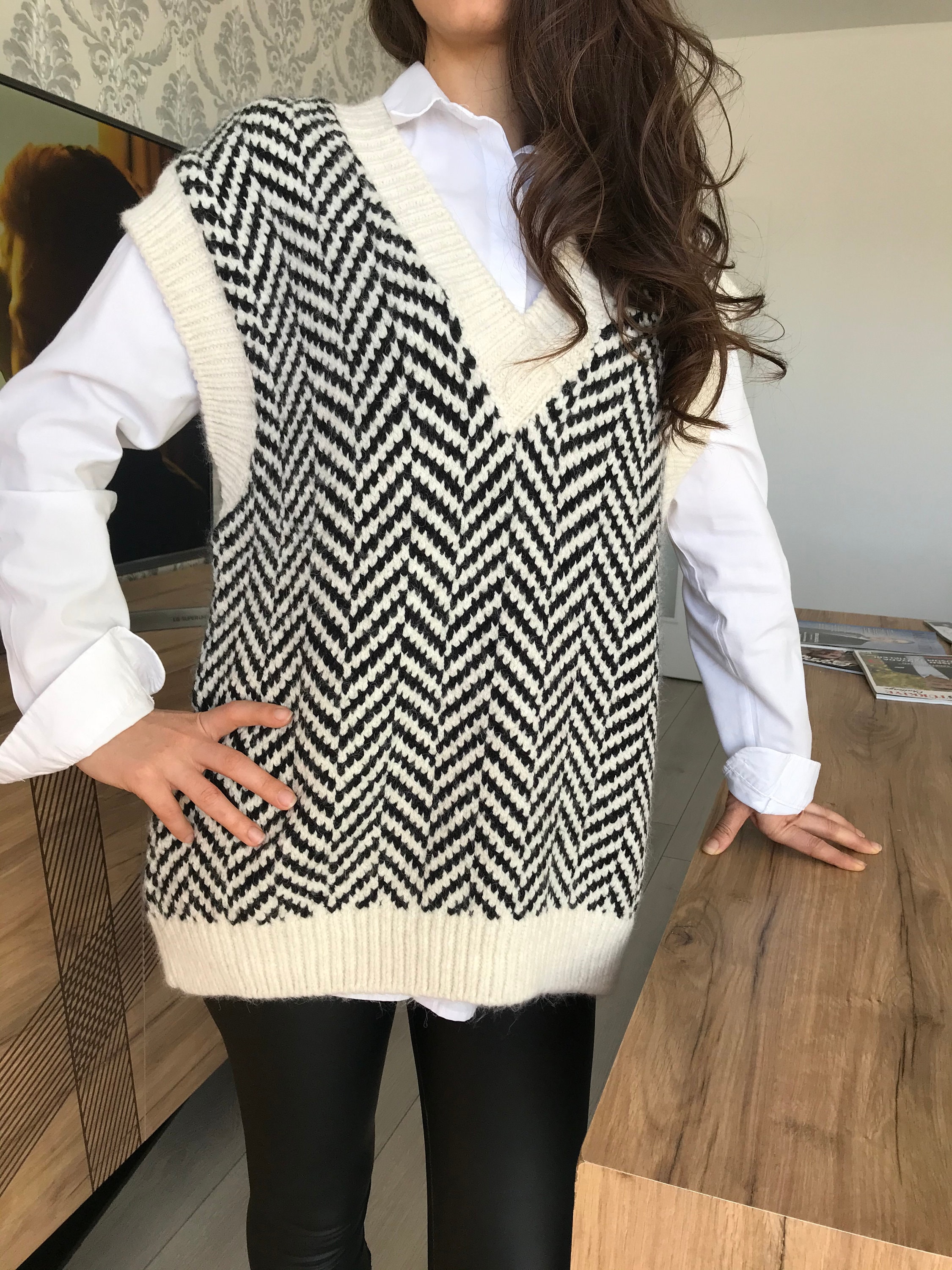 Zebra Sweater Vest Cotton Black White 