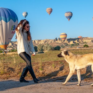 K&ouml;nnte beinhalten: Eine Frau in einem wei&szlig;en Pullover und schwarzen Leggings steht auf einem Feld mit einem Hund. Der Hund schaut die Frau an. Im Hintergrund sind Hei&szlig;luftballons zu sehen.