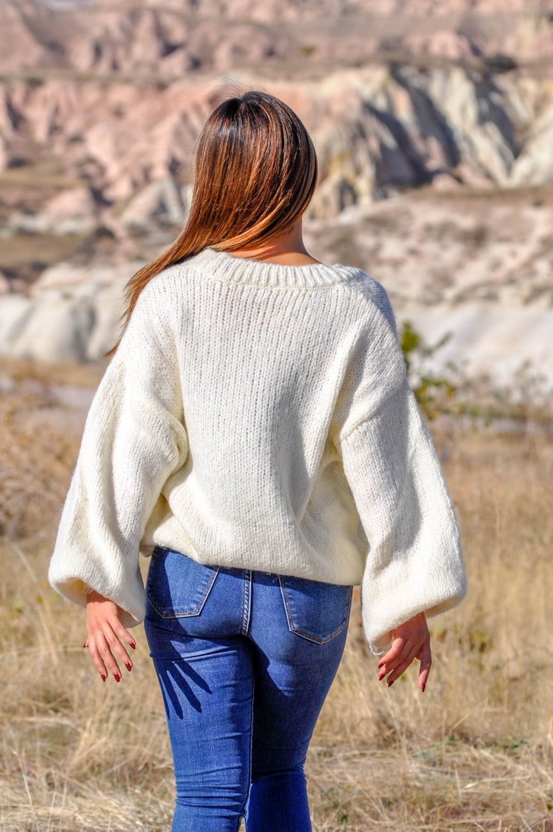 Chunky Alpaca Wool White Sweater with Strawberry Embroideries V-Neck Slouchy Balloon Sleeve Cardigan image 7