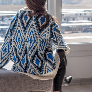 Argyle Blue Sweater / Long Sleeve Oversized Sweater / Long Slouchy Pullover Sweater image 5