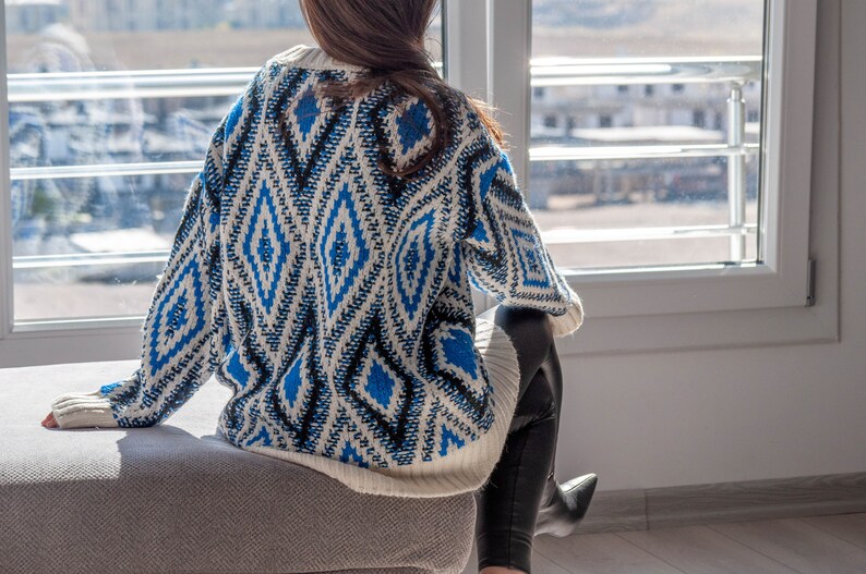 Argyle Blue Sweater / Long Sleeve Oversized Sweater / Long Slouchy Pullover Sweater image 5