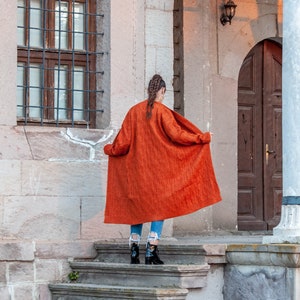 Lange Orange Strickjacke mit Gürtel / Alpaka Wadenlang Strickjacke Bild 8