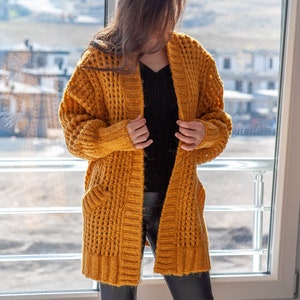 Mustard Color Openwork Wool Cardigan / Yellow Long Sleeve Hand Knit Organic Sweater