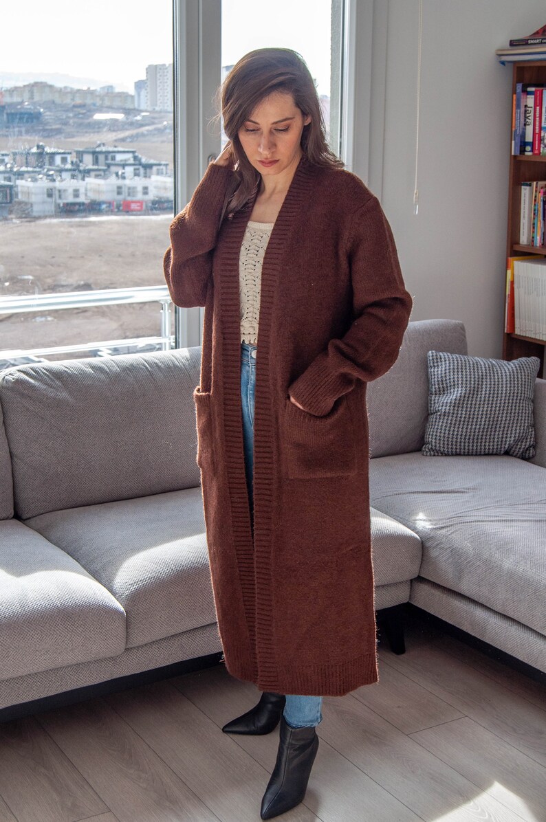 Cashmere Wool Cardigan / Dark Brown Long Organic Sweater with Pockets image 3