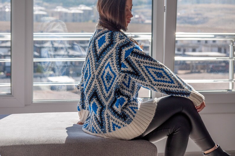 Argyle Blue Sweater / Long Sleeve Oversized Sweater / Long Slouchy Pullover Sweater image 3