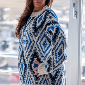 Argyle Blue Sweater / Long Sleeve Oversized Sweater / Long Slouchy Pullover Sweater image 9