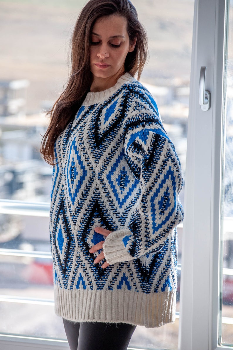 Argyle Blue Sweater / Long Sleeve Oversized Sweater / Long Slouchy Pullover Sweater image 9