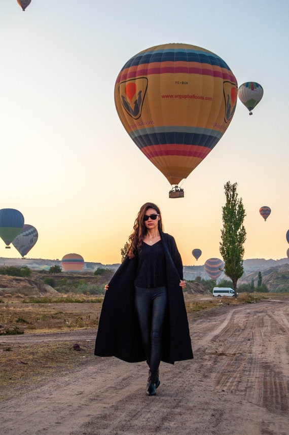 Cashmere Wool Long Cardigan: Black Wide Sleeve Soft Sweater