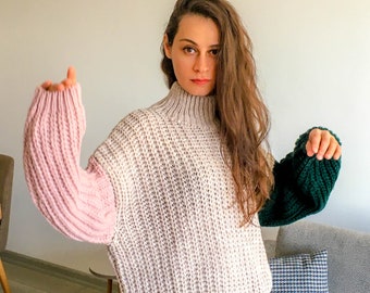 Mockneck Colorblock Sweater / Patchwork Pullover / Slouchy Oversized Sweater Knitted with Cotton