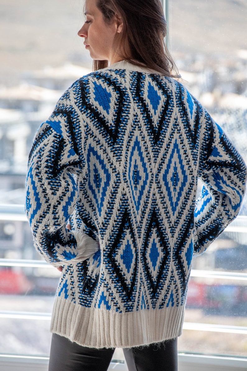 Argyle Blue Sweater / Long Sleeve Oversized Sweater / Long Slouchy Pullover Sweater image 8
