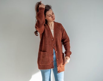 Cashmere Wool Cardigan with Buttons / Brown Organic Sweater with Pockets