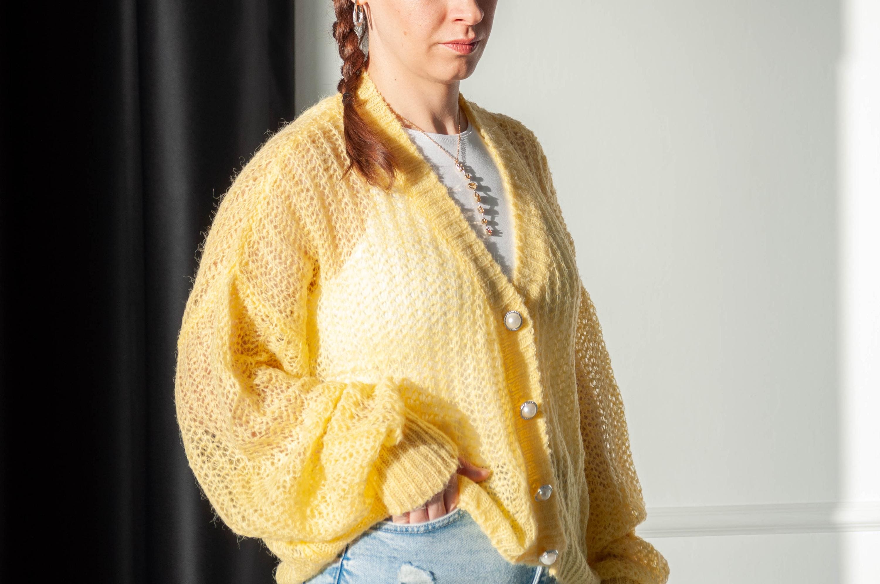 Hand Knit Mohair Cardigan – Yellow Fluffy Sweater With Pearl