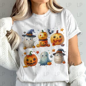 Cute Halloween Pumpkin Ghosts Digital Art, Adorable Halloween Characters PNG, Kawaii Halloween Clipart, Spooky Digital Design