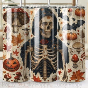 Halloween Skelett Tumbler Wrap Bundle, gruselige Herbst Trinkgefäße, digitaler Download für Sublimation, Goth Kürbis Pilze Design