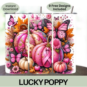 Pink Pumpkin Ribbon Awareness Breast Cancer Survivor Tumbler Wrap 20 oz Skinny Tumbler Sublimation Design Digital Download PNG Instant