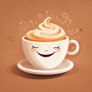 Linda taza de café sonriente, arte digital de taza de café feliz, ilustración de bebida kawaii, descarga de taza de dibujos animados caprichososClipart de café
