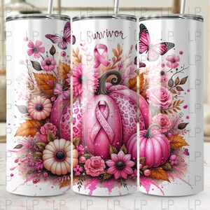 Pink Pumpkin Ribbon Awareness Breast Cancer Survivor Tumbler Wrap 20 oz Skinny Tumbler Sublimation Design Digital Download PNG Instant